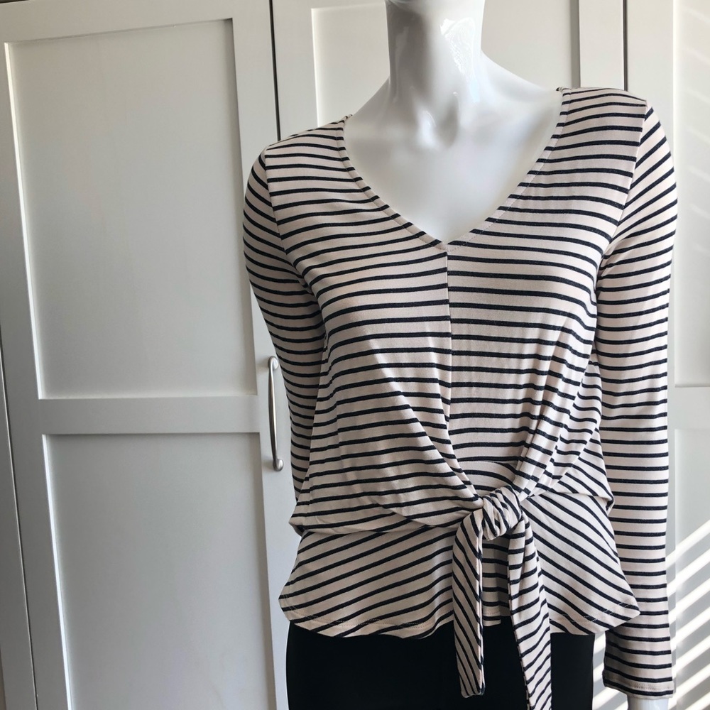 Navy cream long sleeve stripe top with front tie